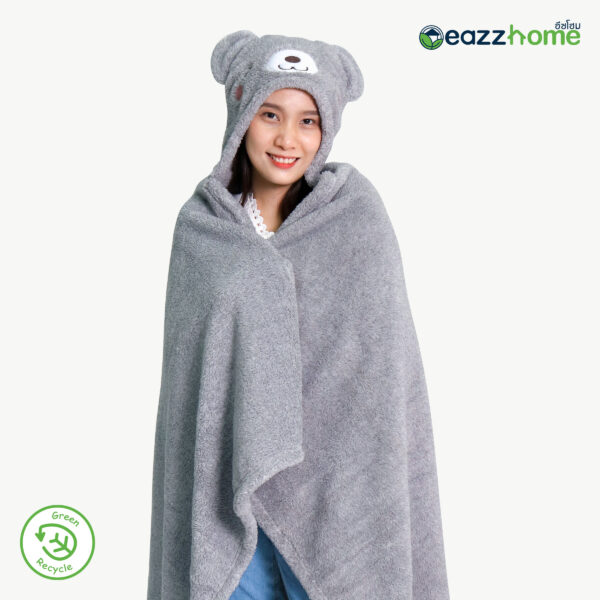 Partially Recycled Polyester Hooded Plush Blanket with Bear Design, Grey