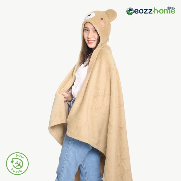 Partially Recycled Polyester Hooded Flannel Blanket with Bear Design, Beige