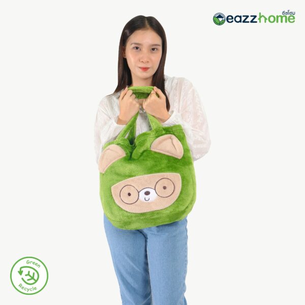 Partially Recycled Polyester Fluffy Flannel Tote Bag Blanket with Bear Design, Green